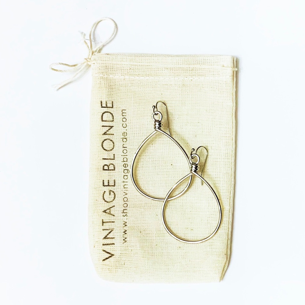 Silver Teardrop Dangle Hoop Pierced Earrings - Picture 2 of 4